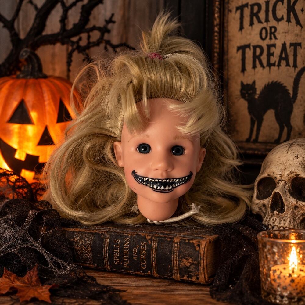 Halloween Custom Doll Head Hand-Painted 5" with Sharp Teeth Decor, Creepy Blonde